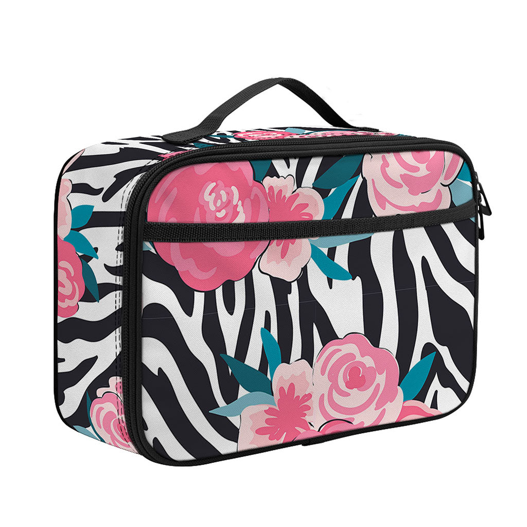 Black White Zebra Floral Pattern Print Portable Lunch Bag