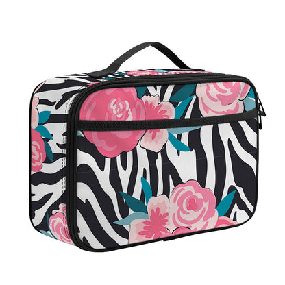 Black White Zebra Floral Pattern Print Portable Lunch Bag