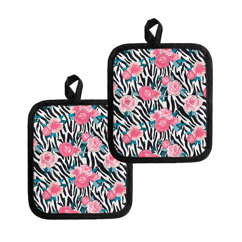 Black White Zebra Floral Pattern Print Pot Holders