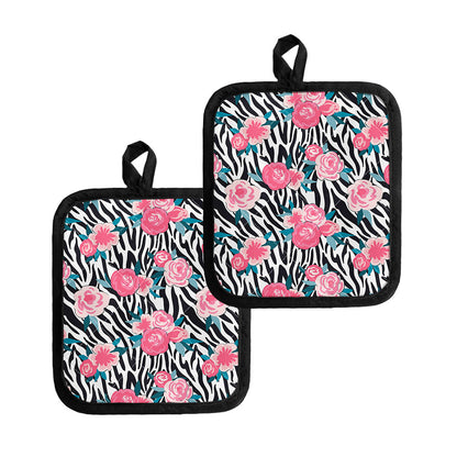 Black White Zebra Floral Pattern Print Pot Holders