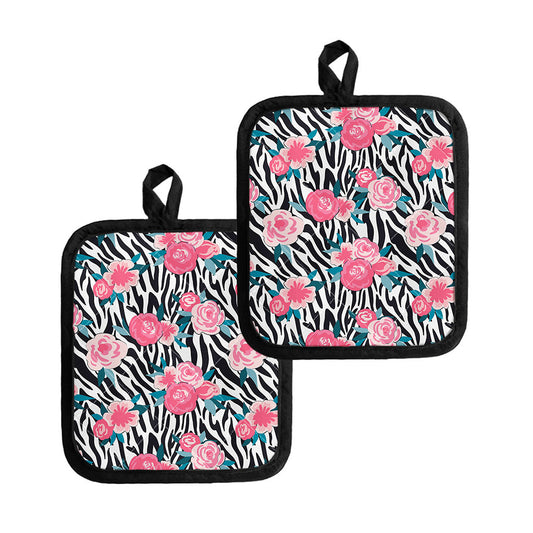 Black White Zebra Floral Pattern Print Pot Holders