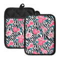 Black White Zebra Floral Pattern Print Pot Holders With Pocket