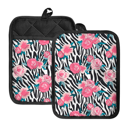 Black White Zebra Floral Pattern Print Pot Holders With Pocket