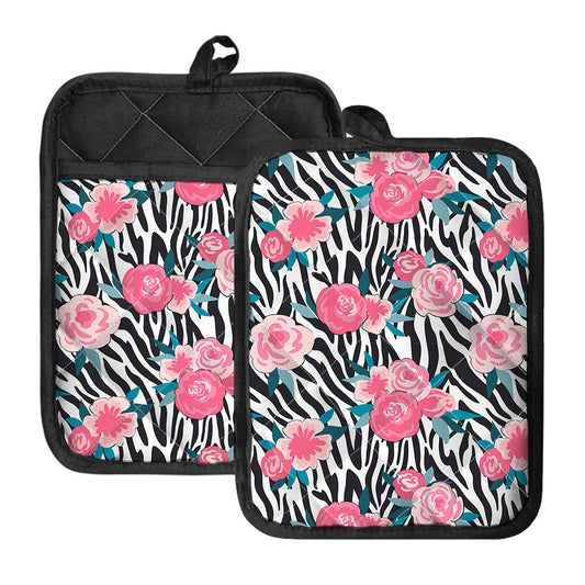 Black White Zebra Floral Pattern Print Pot Holders With Pocket