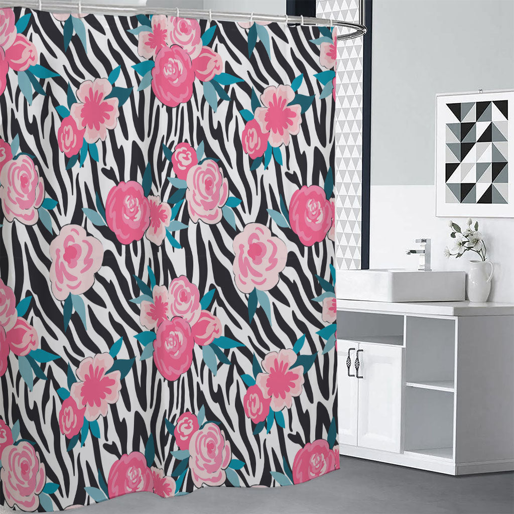 Black White Zebra Floral Pattern Print Premium Shower Curtain