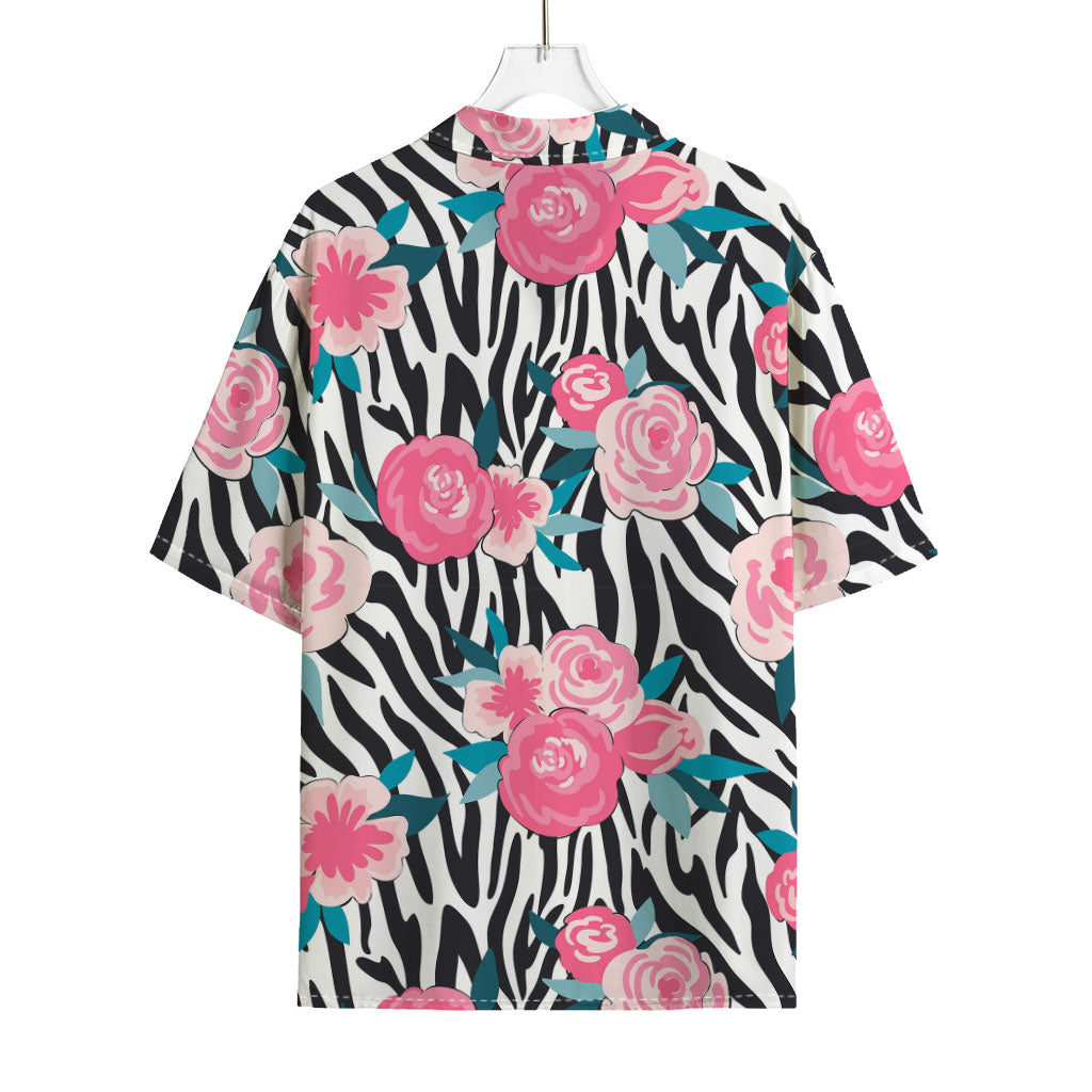 Black White Zebra Floral Pattern Print Rayon Hawaiian Shirt