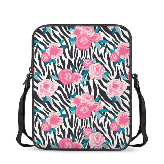 Black White Zebra Floral Pattern Print Rectangular Crossbody Bag