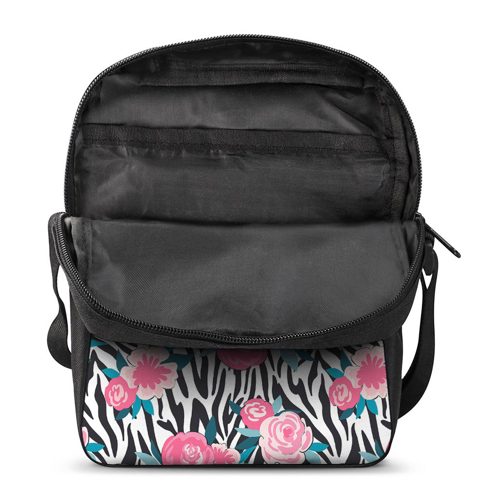 Black White Zebra Floral Pattern Print Rectangular Crossbody Bag