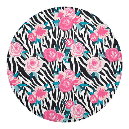 Black White Zebra Floral Pattern Print Round Blanket