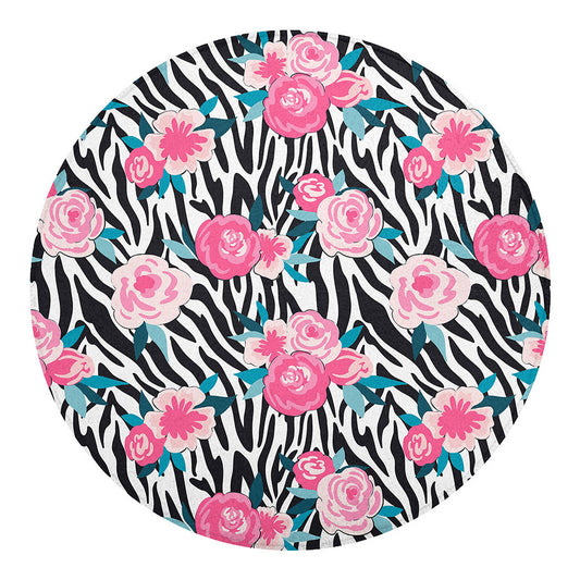 Black White Zebra Floral Pattern Print Round Blanket