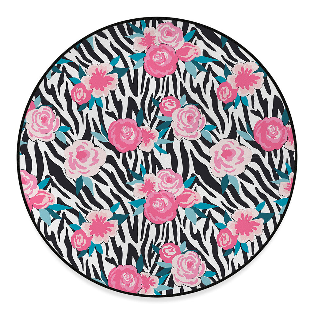 Black White Zebra Floral Pattern Print Round Floor Mat