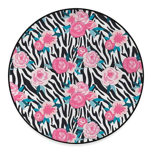Black White Zebra Floral Pattern Print Round Floor Mat