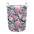 Black White Zebra Floral Pattern Print Round Laundry Basket