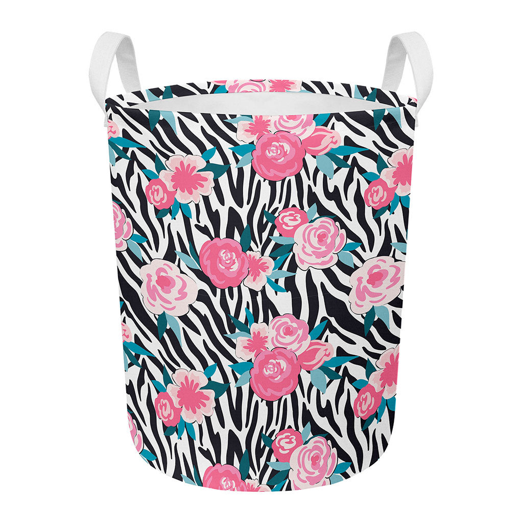 Black White Zebra Floral Pattern Print Round Laundry Basket