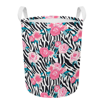 Black White Zebra Floral Pattern Print Round Laundry Basket