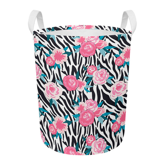 Black White Zebra Floral Pattern Print Round Laundry Basket