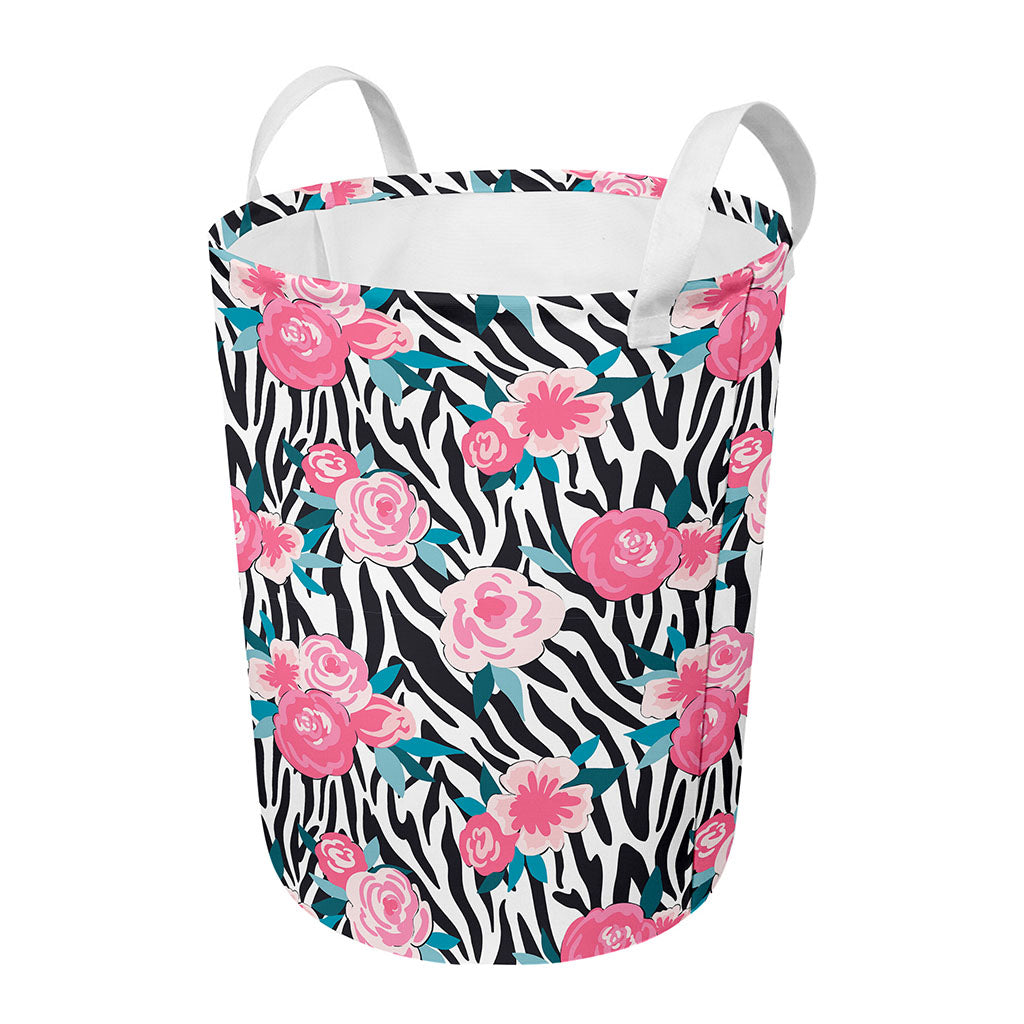 Black White Zebra Floral Pattern Print Round Laundry Basket