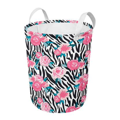 Black White Zebra Floral Pattern Print Round Laundry Basket