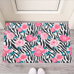 Black White Zebra Floral Pattern Print Rubber Doormat