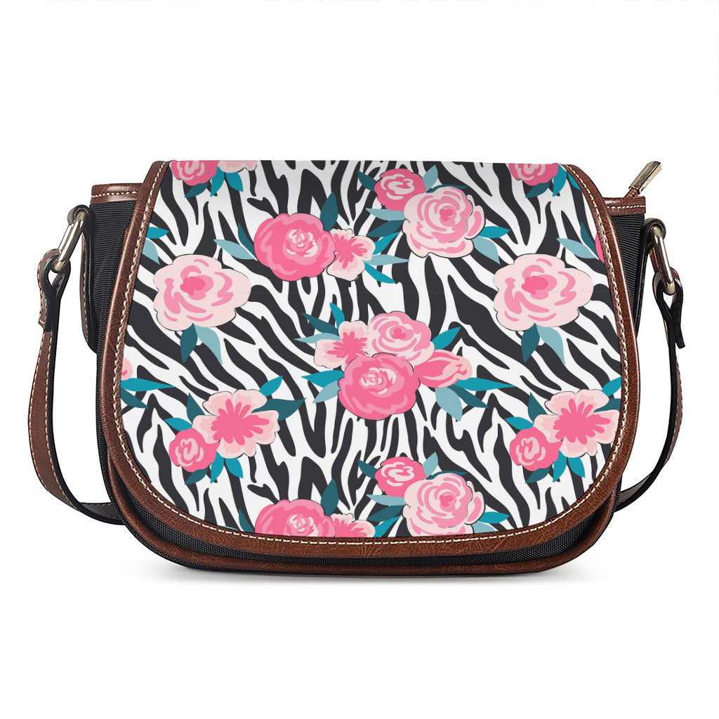 Black White Zebra Floral Pattern Print Saddle Bag