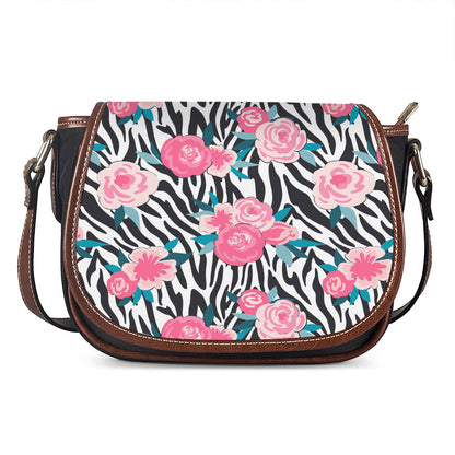 Black White Zebra Floral Pattern Print Saddle Bag