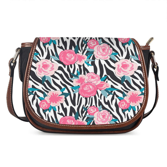Black White Zebra Floral Pattern Print Saddle Bag