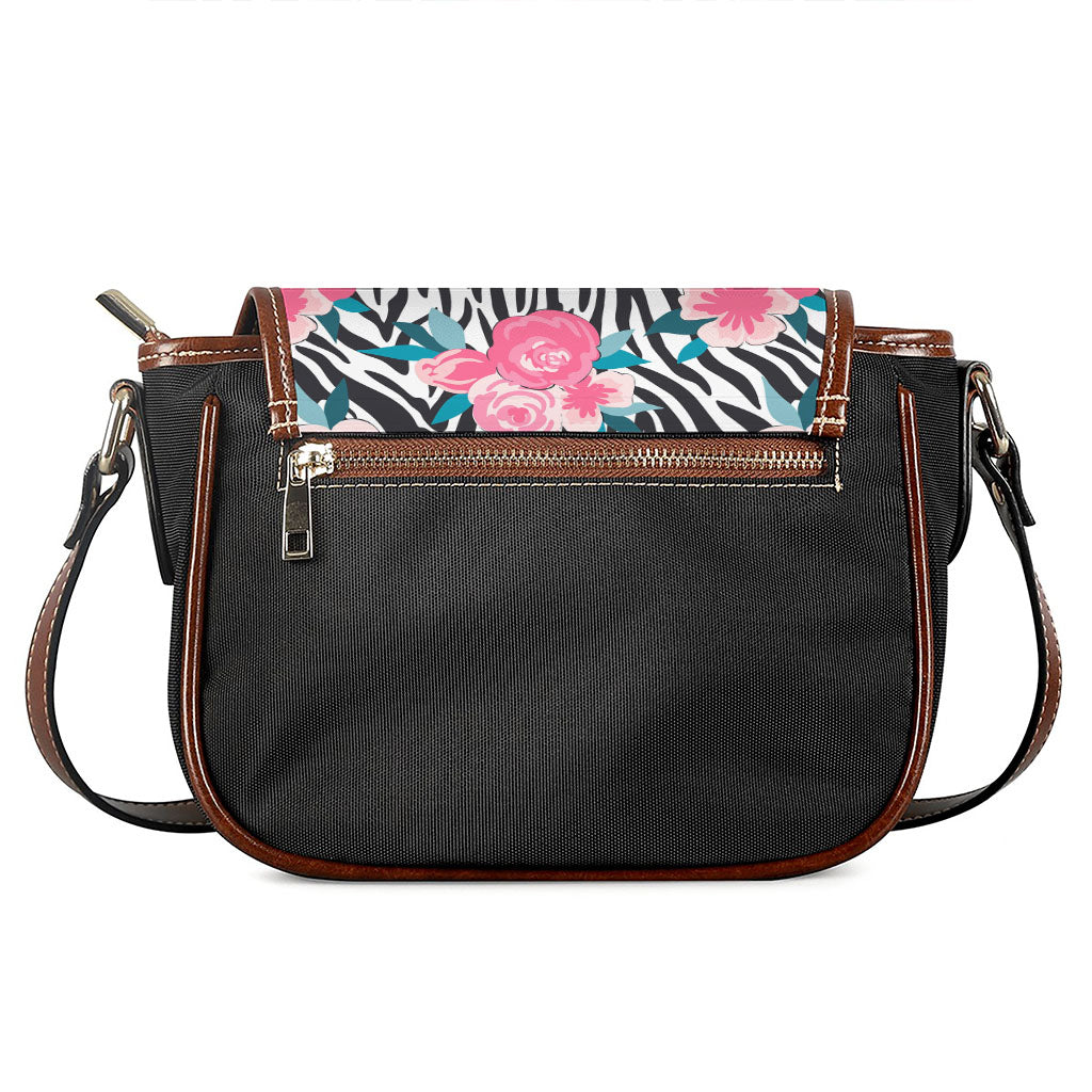 Black White Zebra Floral Pattern Print Saddle Bag