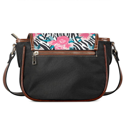 Black White Zebra Floral Pattern Print Saddle Bag