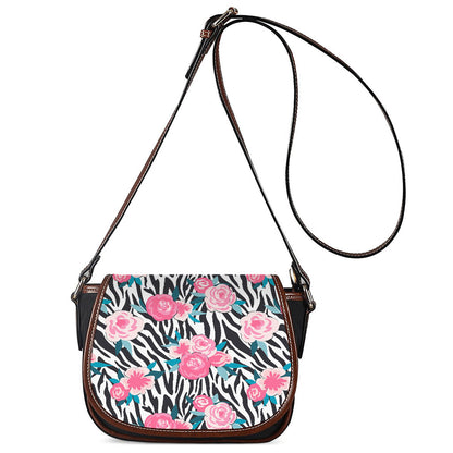 Black White Zebra Floral Pattern Print Saddle Bag