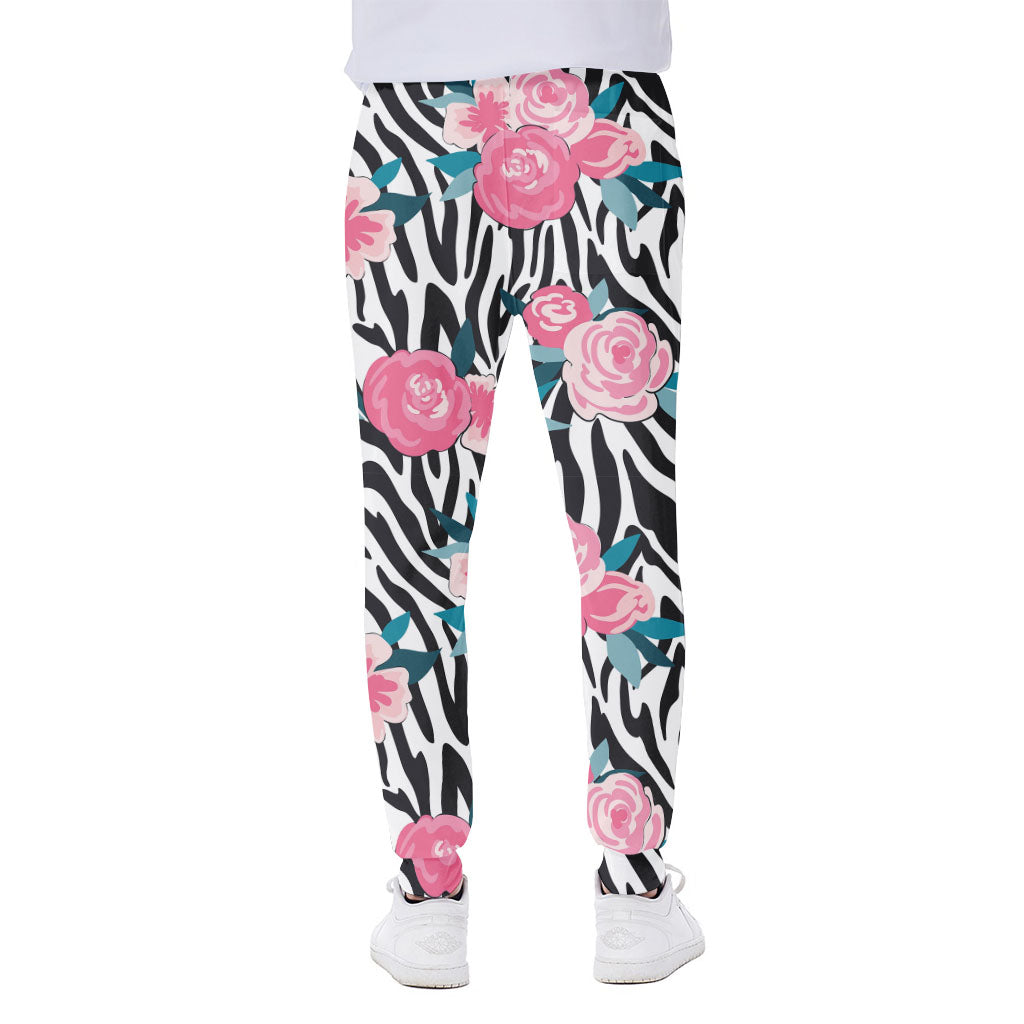 Black White Zebra Floral Pattern Print Scuba Joggers