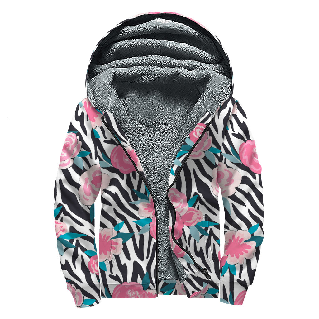 Black White Zebra Floral Pattern Print Sherpa Lined Zip Up Hoodie