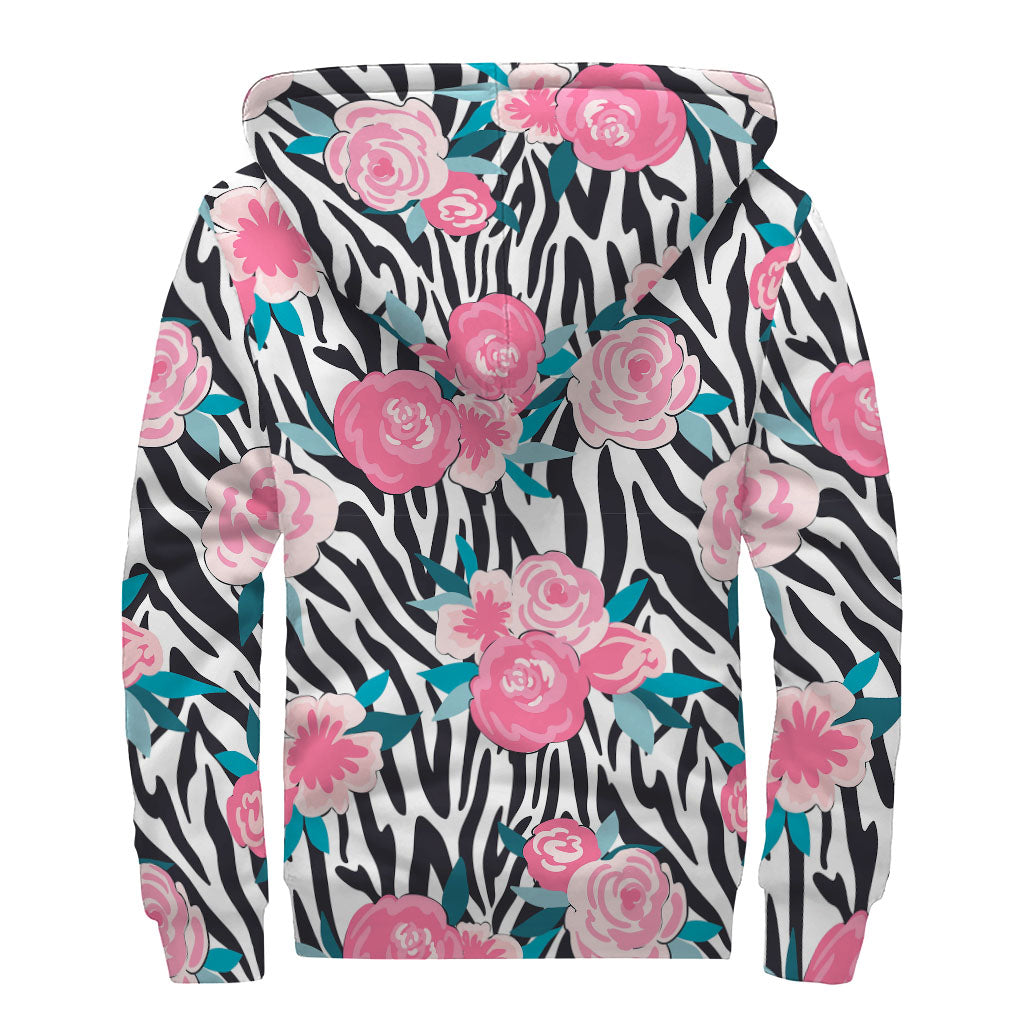 Black White Zebra Floral Pattern Print Sherpa Lined Zip Up Hoodie