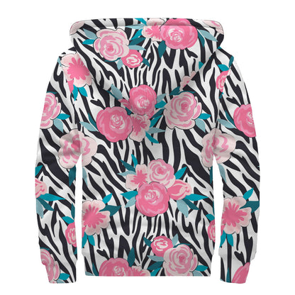 Black White Zebra Floral Pattern Print Sherpa Lined Zip Up Hoodie