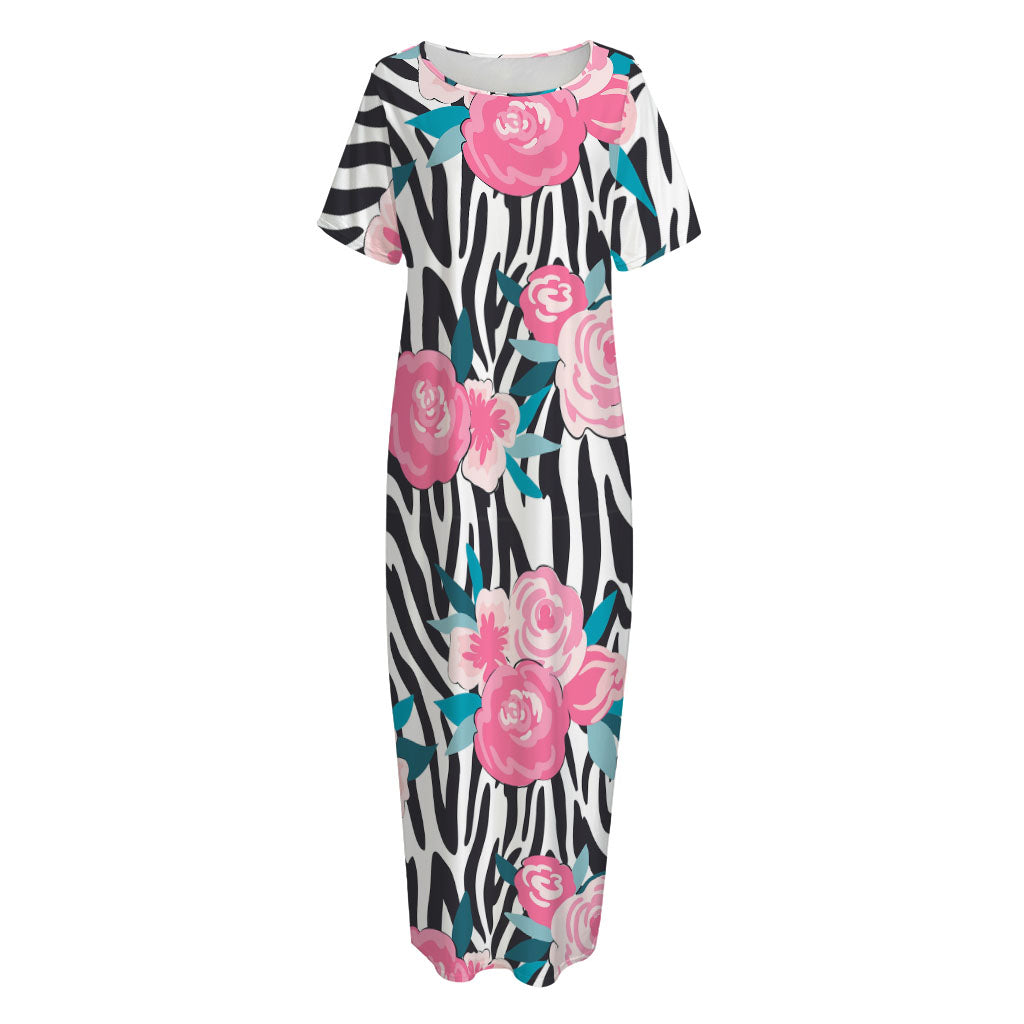 Black White Zebra Floral Pattern Print Short Sleeve Long Nightdress