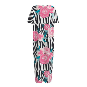 Black White Zebra Floral Pattern Print Short Sleeve Long Nightdress