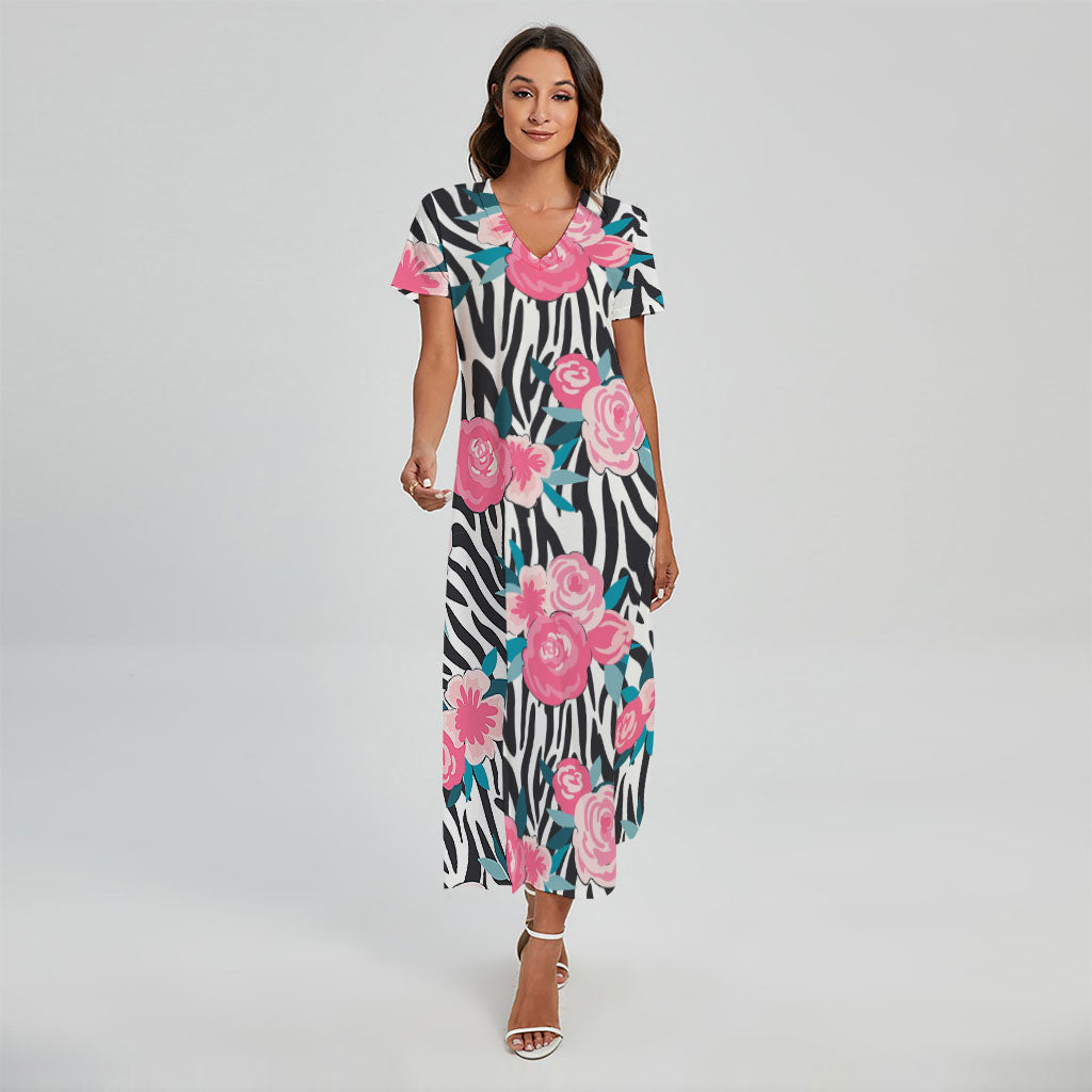 Black White Zebra Floral Pattern Print Short Sleeve Maxi Dress