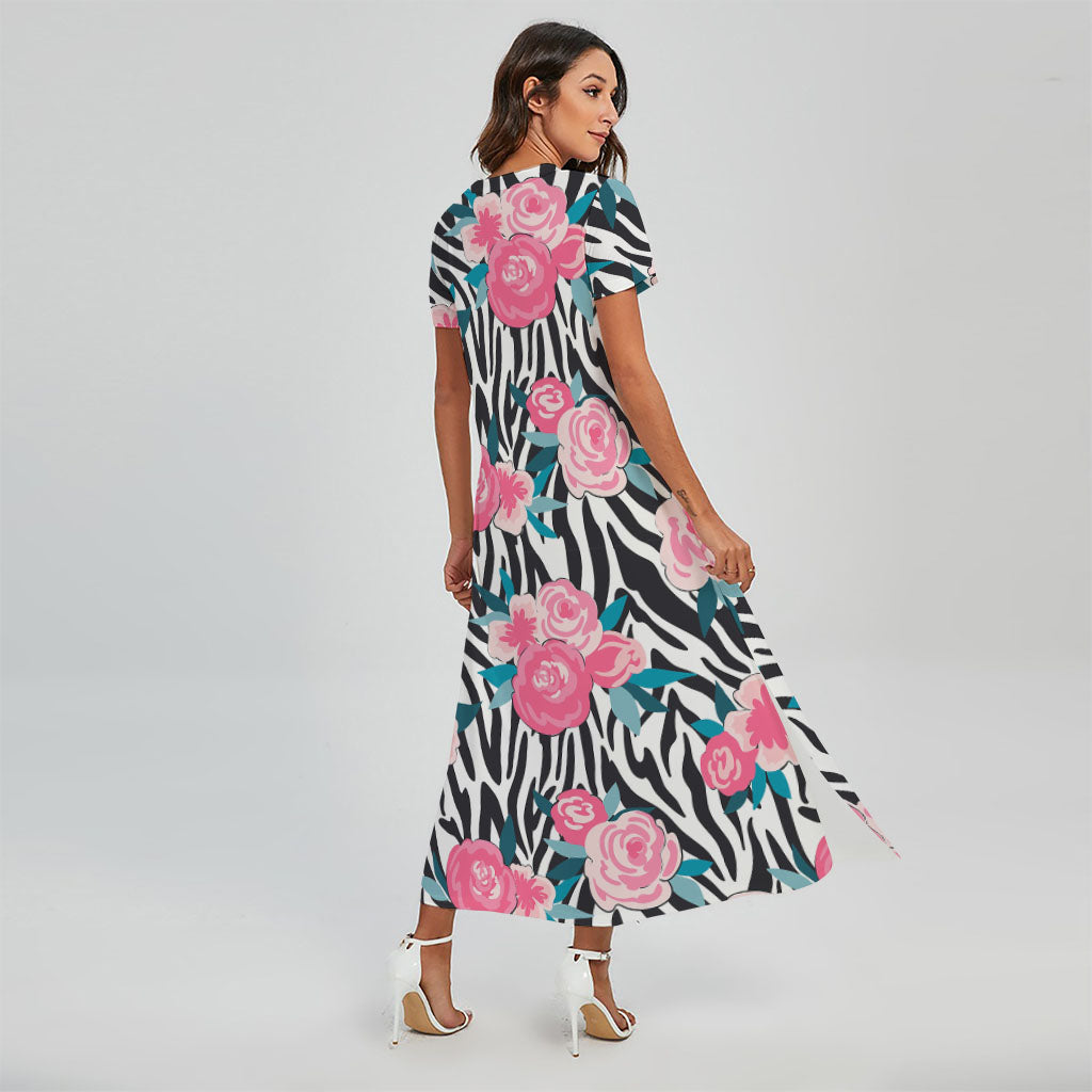 Black White Zebra Floral Pattern Print Short Sleeve Maxi Dress