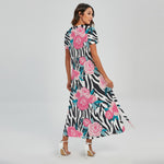 Black White Zebra Floral Pattern Print Short Sleeve Maxi Dress