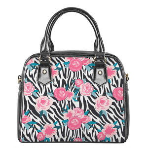 Black White Zebra Floral Pattern Print Shoulder Handbag