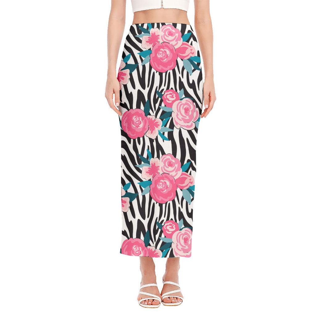 Black White Zebra Floral Pattern Print Side Slit Maxi Skirt