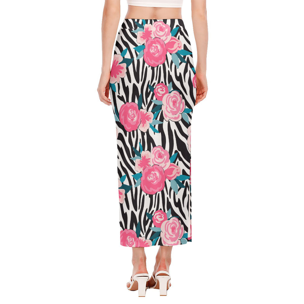 Black White Zebra Floral Pattern Print Side Slit Maxi Skirt