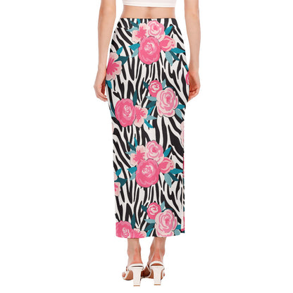 Black White Zebra Floral Pattern Print Side Slit Maxi Skirt