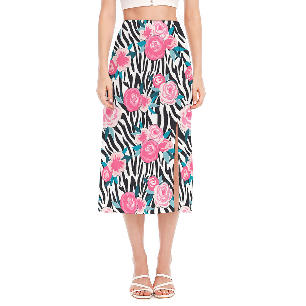 Black White Zebra Floral Pattern Print Side Slit Midi Skirt