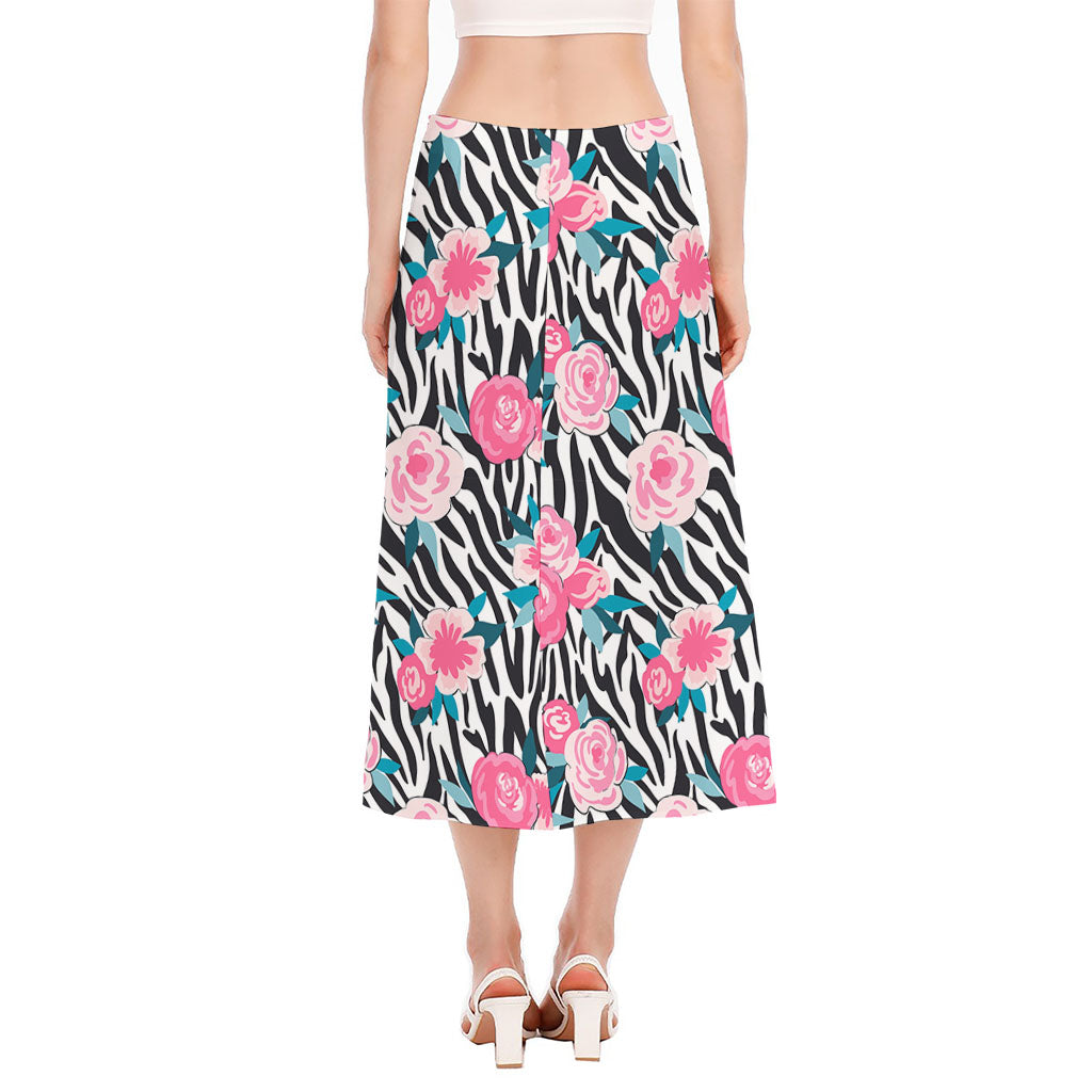 Black White Zebra Floral Pattern Print Side Slit Midi Skirt