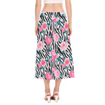 Black White Zebra Floral Pattern Print Side Slit Midi Skirt