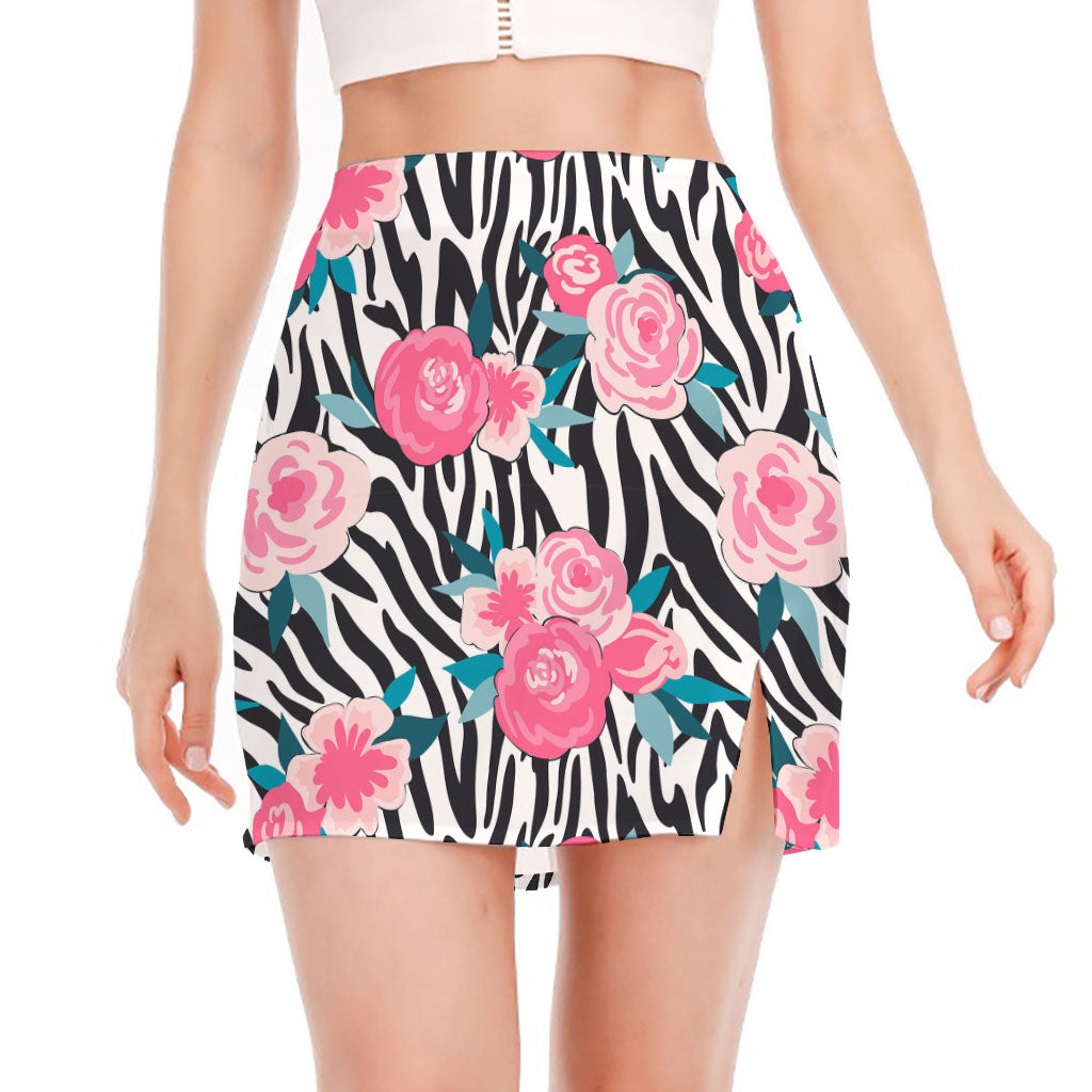 Black White Zebra Floral Pattern Print Side Slit Mini Skirt