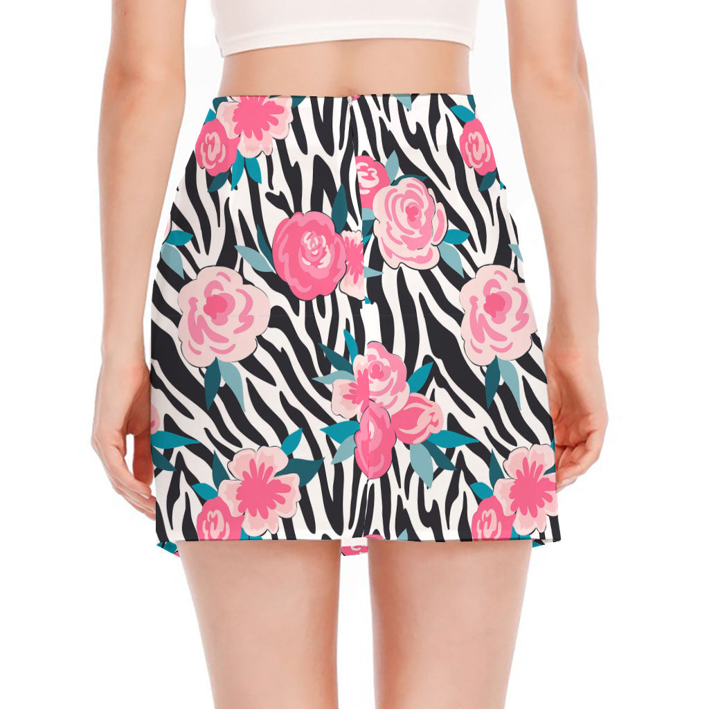 Black White Zebra Floral Pattern Print Side Slit Mini Skirt