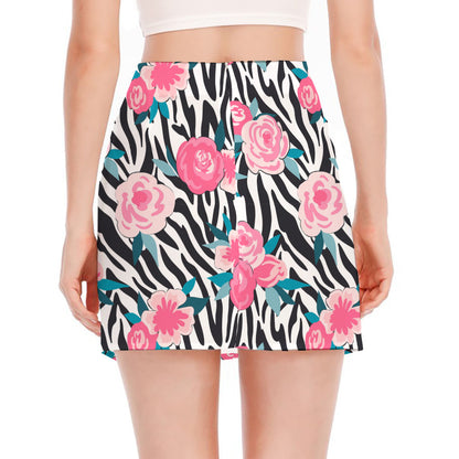 Black White Zebra Floral Pattern Print Side Slit Mini Skirt