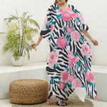Black White Zebra Floral Pattern Print Silk V-Neck Kaftan Dress