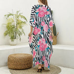 Black White Zebra Floral Pattern Print Silk V-Neck Kaftan Dress